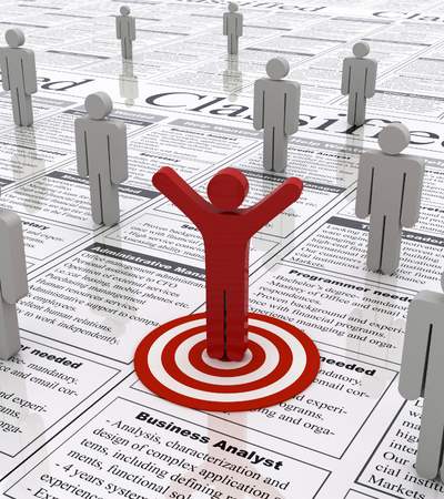 Targeted hiring concept showing a bullseye on a classified jobs page, illustrating a staffing gap analysis approach.